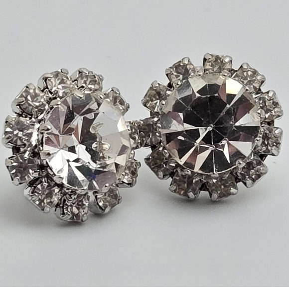 Vintage Crystal Stud Earrings Large Round & Clear Accent Stones 3/4” Bridal - Picture 8 of 9
